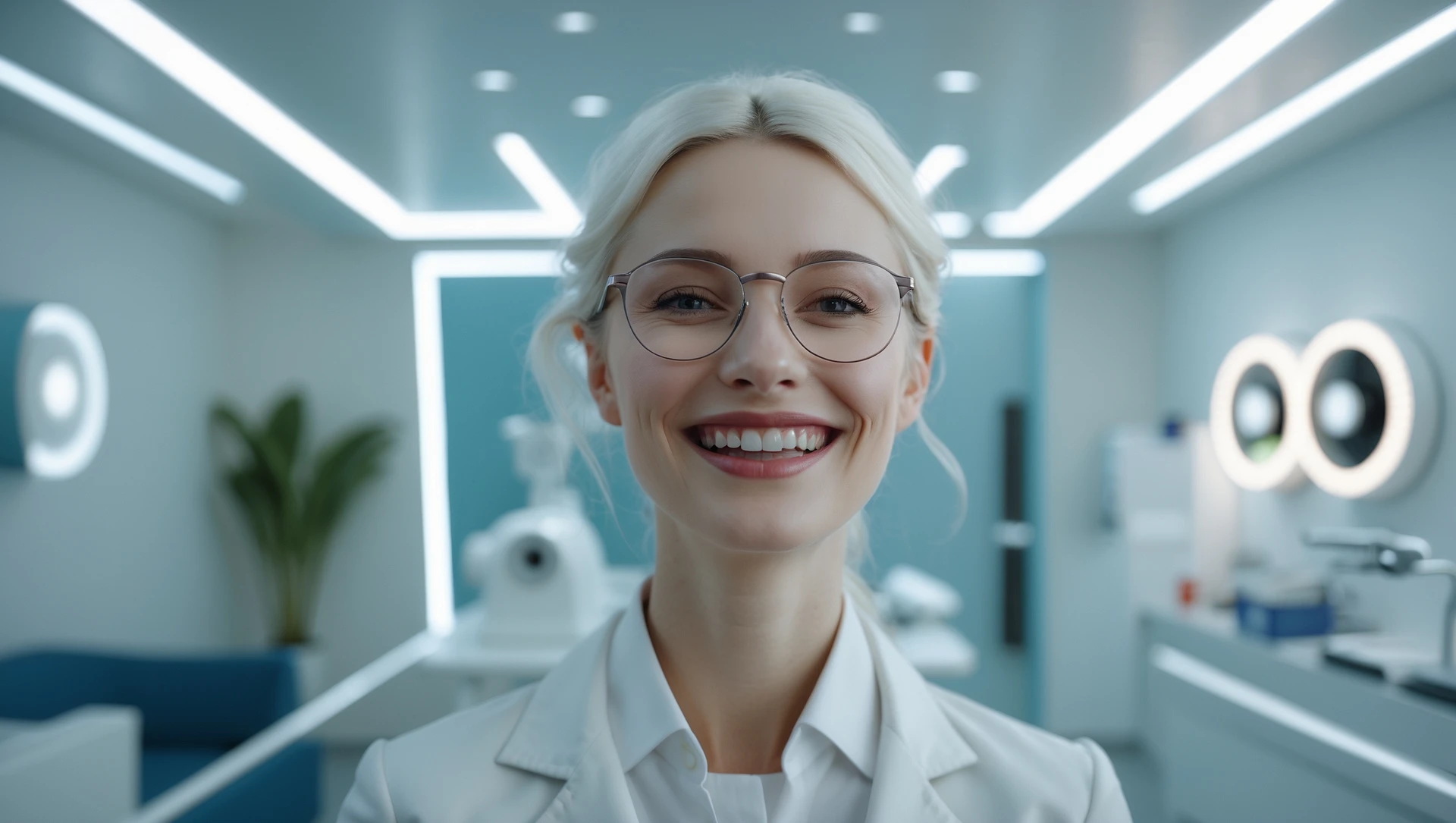 Cinematic still, Proffesional advertising of a smiling european white woman with glasses smiling, minimalistic ophthalmologist interior in background, leading  lines, "rule of thirds", 60/30/10 colors, soft light emoji