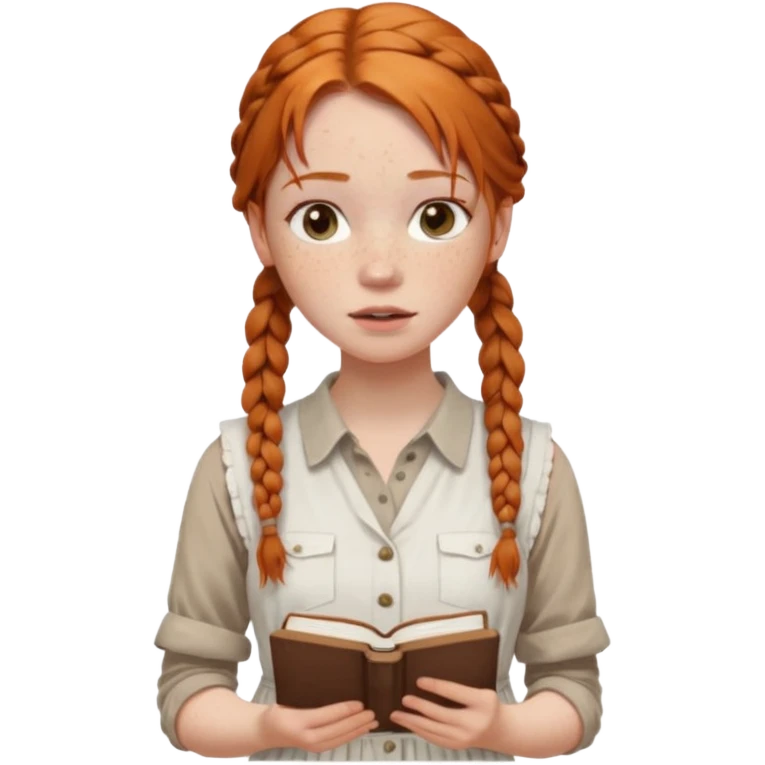 Girl with pale skin, freckles, full light lips, ginger hair in braids, messy, wearing a white dress, a brown button up, sleeveless on top, holding a book. emoji
