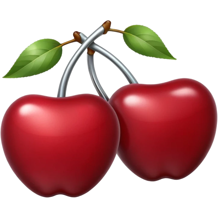 A pair of cherries emoji made of polished silver chrome, smooth rounded shapes, glossy metallic finish, soft highlights and reflections, cute proportions, iOS emoji style, centered, clean white background, no text emoji