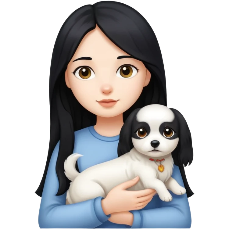 A girl with long black hair holding a little white dog emoji