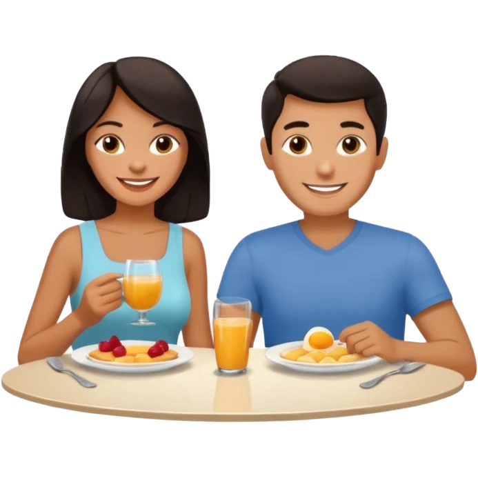 pon una pareja desayunando sedayuno de hotel pareja de pelo moreno emoji
