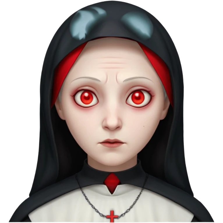 cursed village nun portrait, head and shoulders only, dark hood, mysterious expression, red accents, eerie glow, 3D cartoon, mobile game icon style, clean background, no text, no watermark

 emoji
