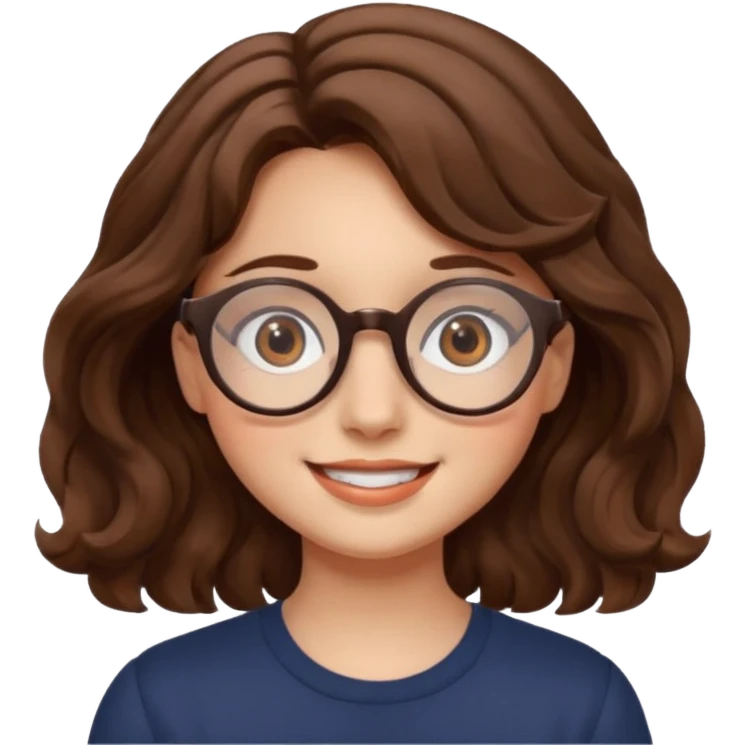 girl brown hair wavy. round glasses eye emoji