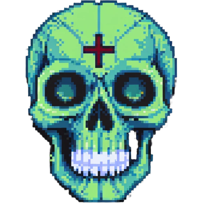 A pixelated skull with X eyes emoji