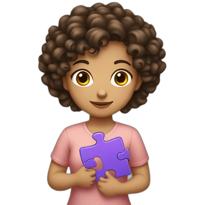 curly brunette girl holding a puzzle in her hands emoji