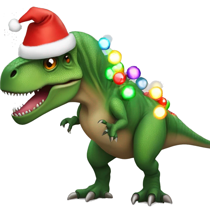 T-Rex wearing Santa hat with Christmas lights  emoji