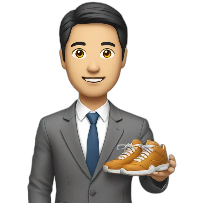 asian man in a suit holding a sneaker emoji