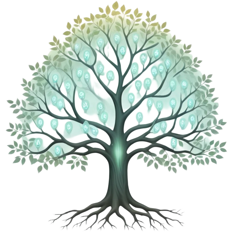 Ethereal family tree with translucent branches connecting glowing ancestor portraits, soft misty background, dreamlike genealogy chart emoji