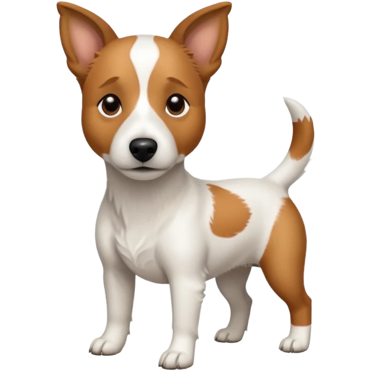 a full body white jack russel looking dog the size of a kelpie with light brown ears and a light brown patch on one eye, flopped down ears and a large snout emoji