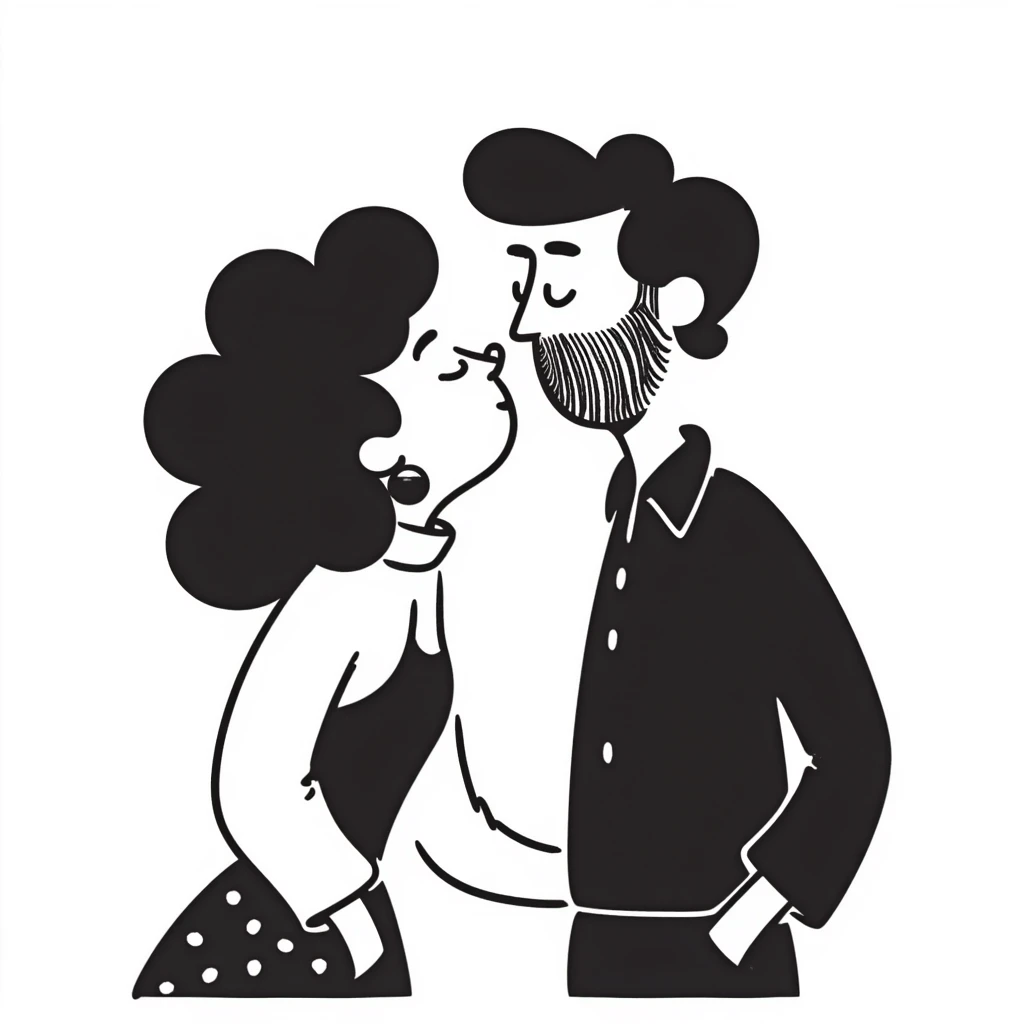 Curly haired woman with curly hair kissing a man with straight hair and a beard, cute couple emoji