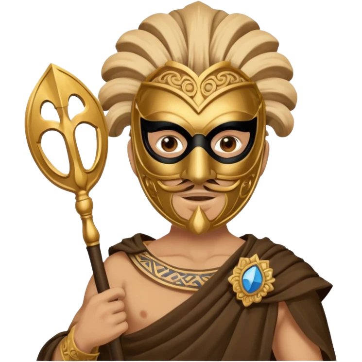 Greek thespian in full costume with a mask holding a prop emoji