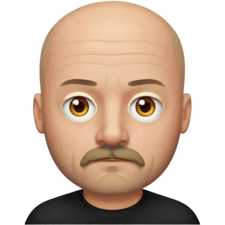 Oliver Riedel, apple style emoji, bald, mustache and goatee, serious face, black t-shirt emoji