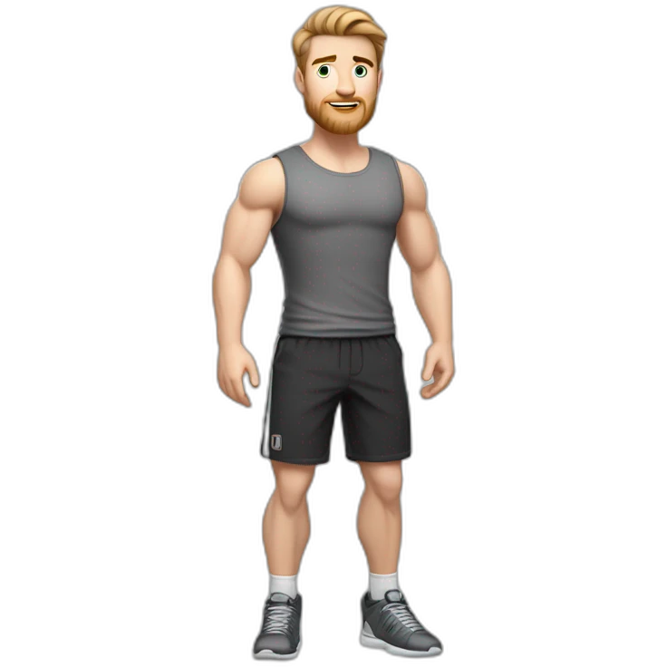 Full height Pale skinned fit man With biceps, Realistic eyes and mouth, light brown hair and stubble In dark gray sleeveless mike, black oversize sports shorts, watch and white sneakers. emoji