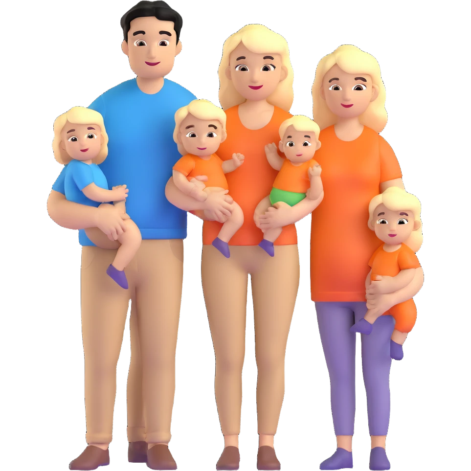family with blond dad, brunette mom, blonde son, daughter with black hair, and a baby emoji