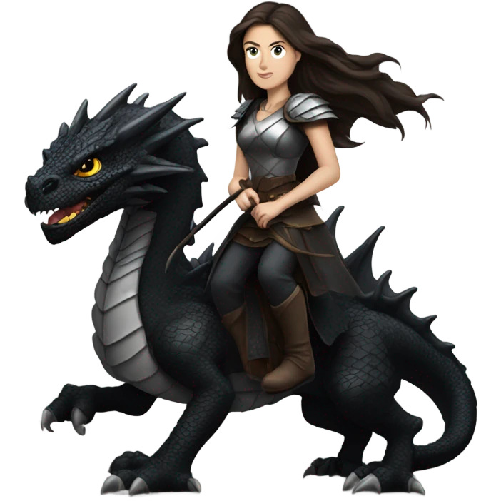 Determined and beautiful armored White Woman with dark brown long hair riding on the back of a giant black dragon emoji