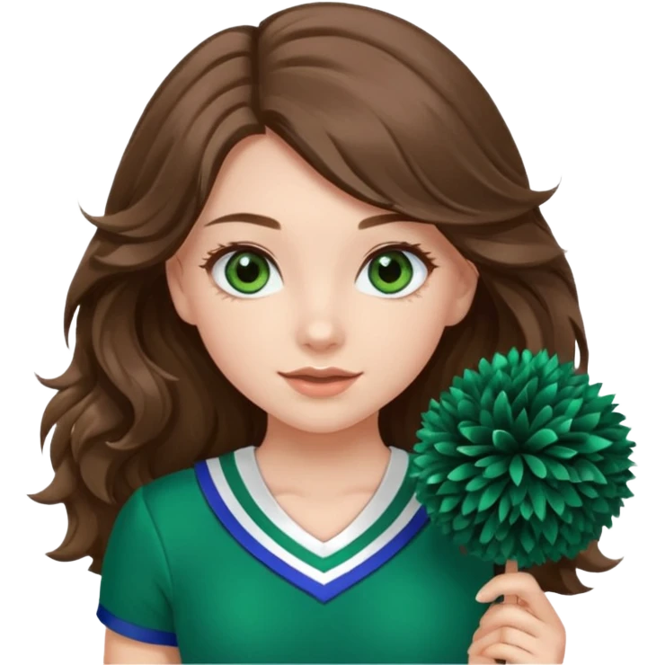 A pretty girl, her eyes is blue, her hair is brown long wavy hair, and wear green Hawkins cheerleader uniform and hold pompom emoji