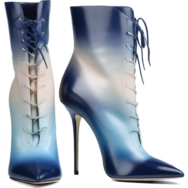 Realistic isolated top view of a pair of navy blue to pastel blue ombre Jimmy Choo stiletto heel ankle bootie boots. emoji