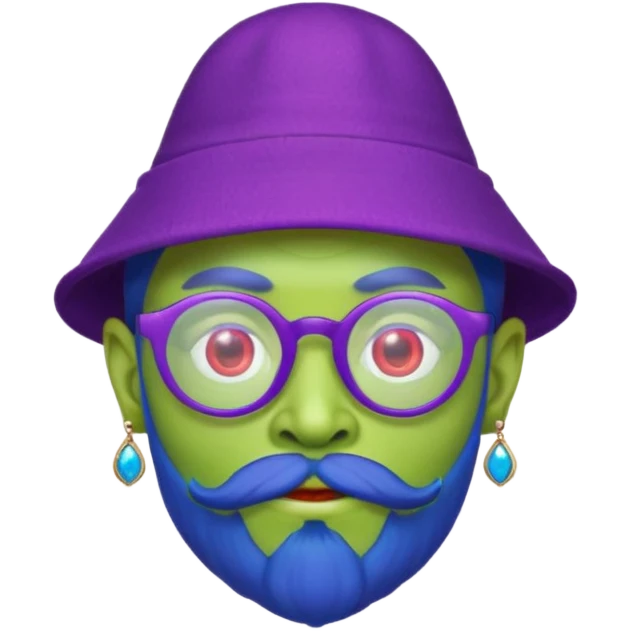 green alien with red glasses and blue hat and purple beard and earrings emoji