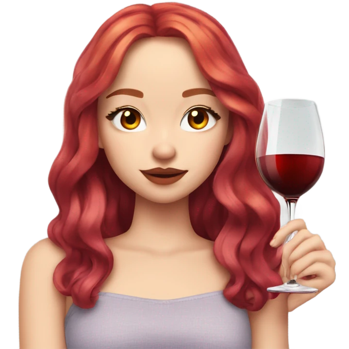 Dove Cameron with fire red hair a stressed face  and a glass of wine. emoji