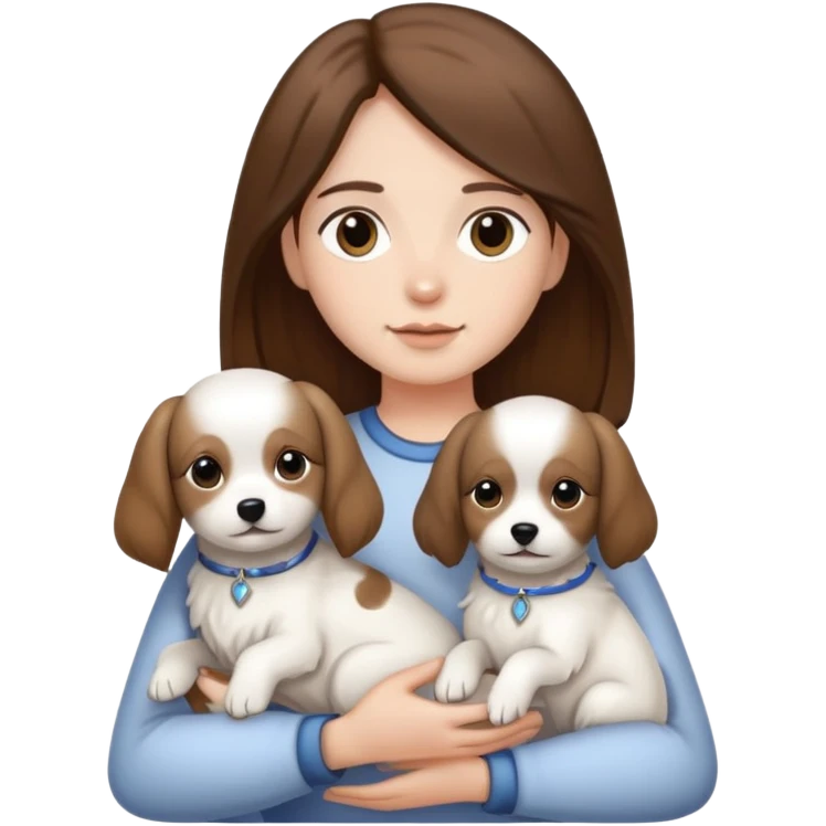 Brown hair, black eyes, middle parting, long hair, holding two little white dogs emoji