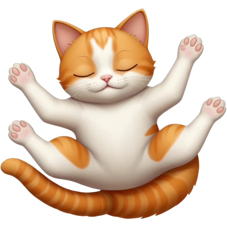 ginger and white small cat eyes closed lying down upside down with paws stretched out in different directions emoji