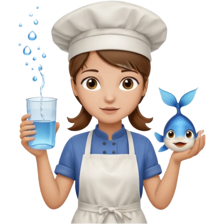A girl with brown hair with a chef hat wearing an apron and holding a fish and a cup of water in another hand emoji