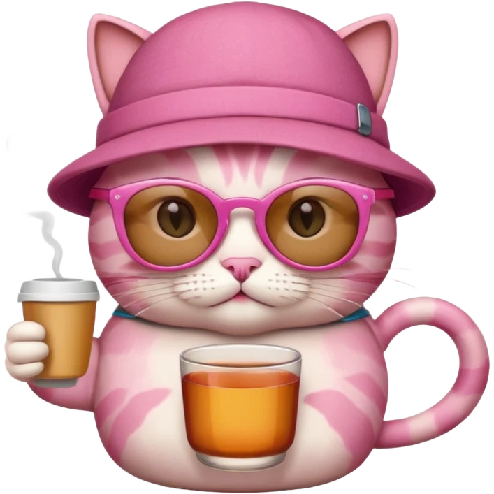 Pink cat with hat, holding cup of tea, wearing sunglasses emoji