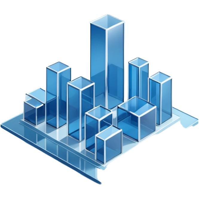 A minimalist 3D illustration of abstract glass buildings in blue tones, made of transparent glass-like materials with soft lighting and subtle reflections, isometric perspective, white background, futuristic architecture concept, volumetric light, clean render, high detail, no text emoji