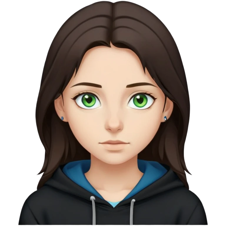 girl with green blue eyes shoulder length medium to dark brown hair, nose ring, wearing a black hoodie, pretty emoji