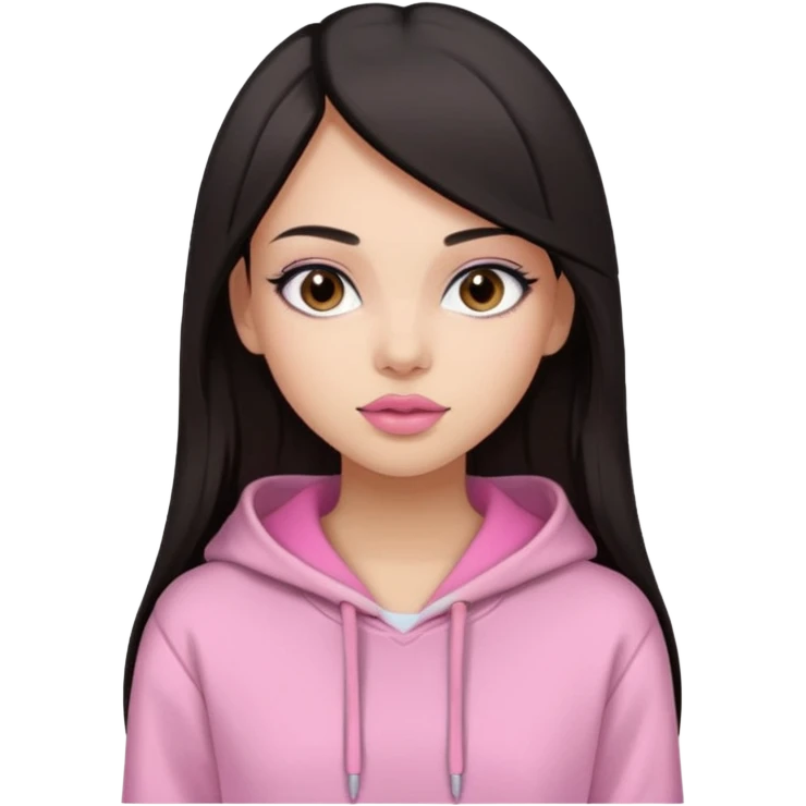 A pretty girl with light skin and long straight black brown hair, wearing a very light pink basic hoodie with brown eyes and makeup emoji