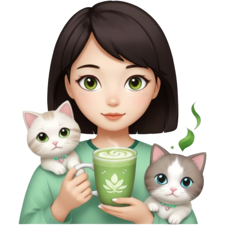 asian girl with shoart dark brown hair with a soft girl glowup aesthetic. matcha latte sparkles girly things, 2 ragdoll cats, skincare, makeup emoji