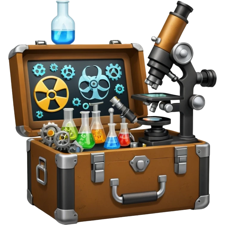 toolbox science, chemicals, mechanical gears, steampunk, electronics, resistors, ic, physics, microscope, nuclear model, radioactivity emoji