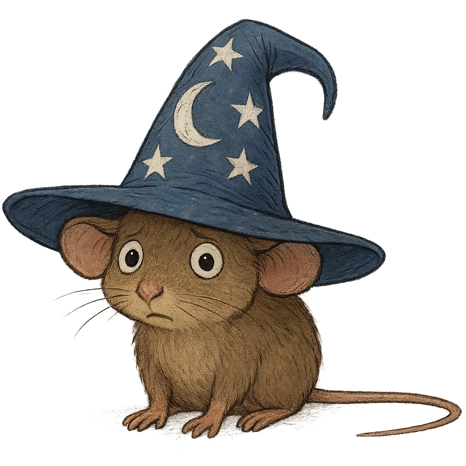 small slightly awkward mouse with short muted brown fur and soft rounded body, large outward tilted ears, small dark beady eyes with bewildered expression, wearing oversized deep blue wizard hat with stitched white stars and crescent moon, hat drooping at top and wide floppy brim sitting unevenly, front paws flat on ground, long thin tail extending straight out behind emphasizing smallness and unease emoji