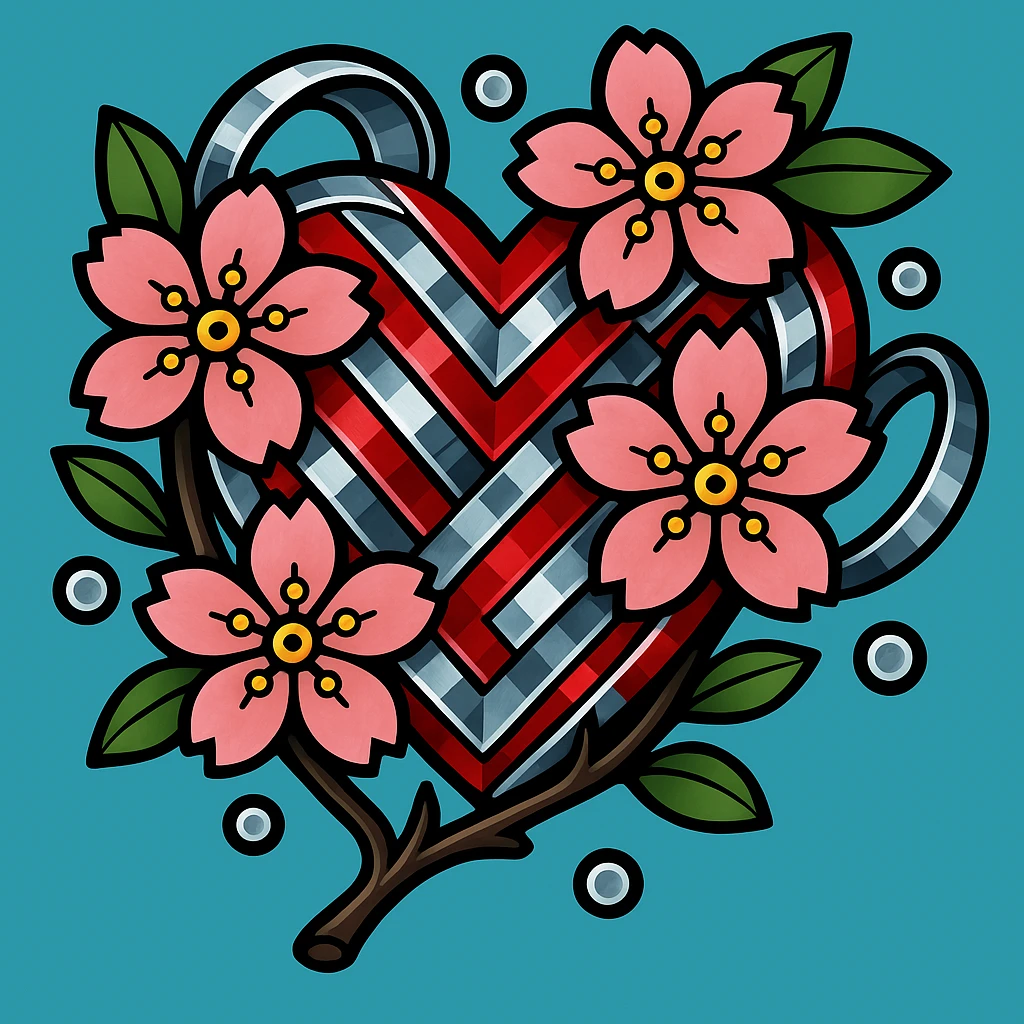 Make the silver accents and details absolutely dominant and overwhelming on the heart with sakura, vibrant toon style. emoji