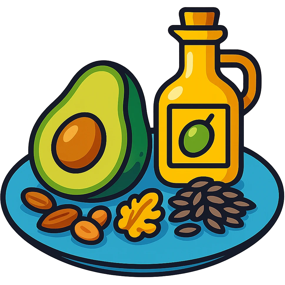 plate with avocado, nuts, olive oil, and seeds in vibrant toon style emoji