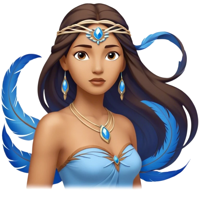 Cinematic Elegant Pocahontas Portrait Emoji, Standing serenely with a blue wind swirl around her, soft feathers in her hair, a tranquil yet powerful gaze, beauty beyond time, an ethereal aura of connection with nature, regal and enchanting! emoji