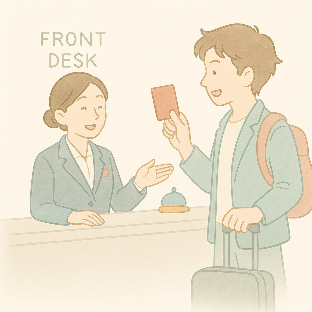 Create an illustration showing the receptionist from the first image welcoming the man from the second image at a hotel front desk. Maintain the soft watercolor illustration style with pastel colors, delicate linework, a gentle, whimsical mood, anime-inspired features, and minimal, soft shading. emoji