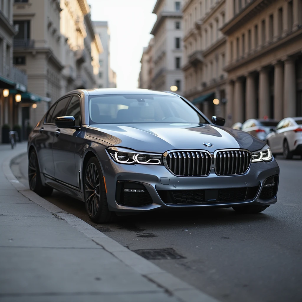 realistic BMW Series 7 2022 luxury car parked on a city street, photorealistic style emoji