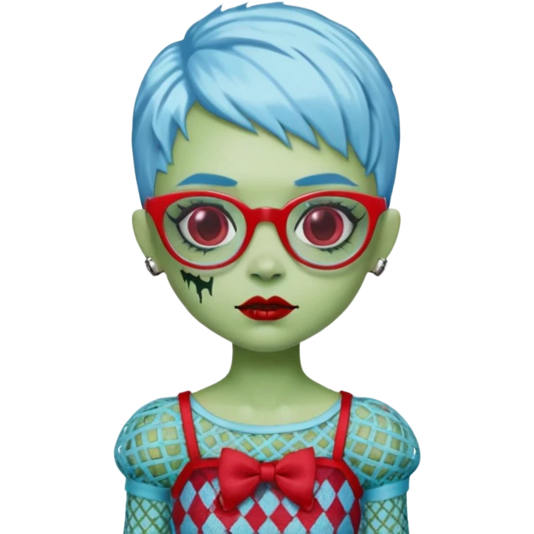 Ghoulia yelps monster high doll in scene/emo style cherry print dress with fishnet sleeves, clothes, thin, small, red, rectangle glasses, pale white-blue skin, pale-green pixie-cut, zombie scars , boy emoji