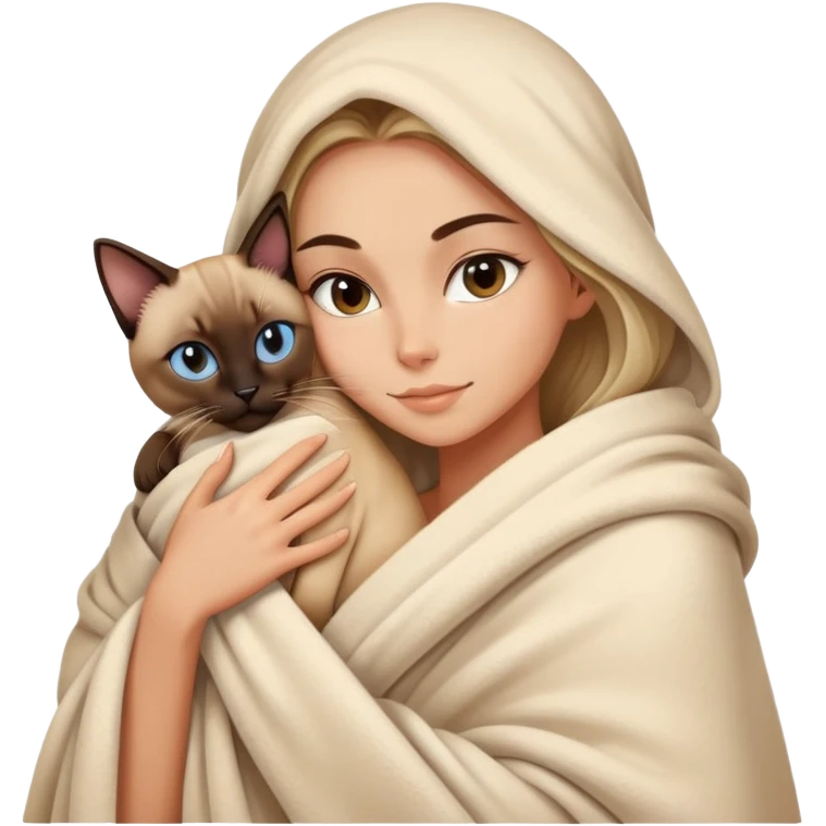 A beautiful and sexy Caucasian girl wrapped in a blanket hugging a Siamese cat emoji