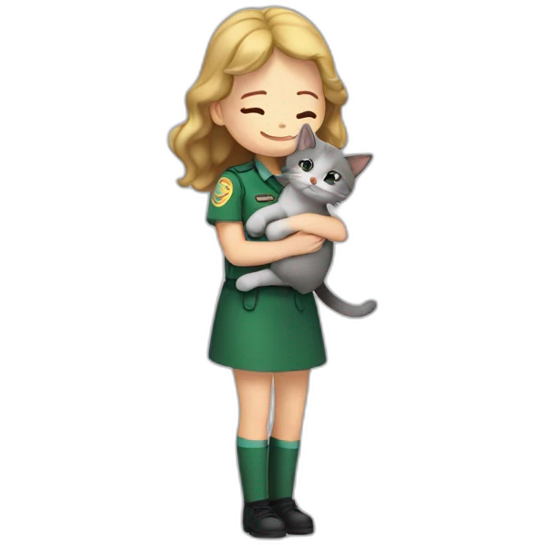 a fair-haired girl hugs a brunette in a green uniform, a gray cat sits below emoji