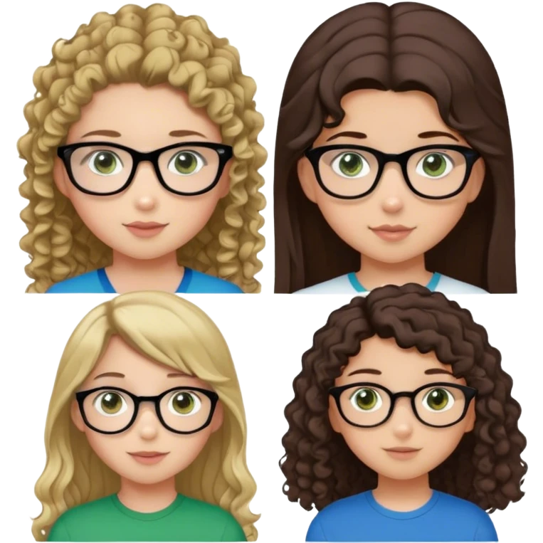 a girl with straight hair and brown eyes, a girl with straight darker brown hair and brown eyes , a girl with curly brown hair and brown eyes with glasses, a girl with straight blonde hair and green eyes, a  boy with brown hair and brown eyes, a girl with brown hair in a high ponytail and blue eyes, a girl with black hair and brown eyes emoji