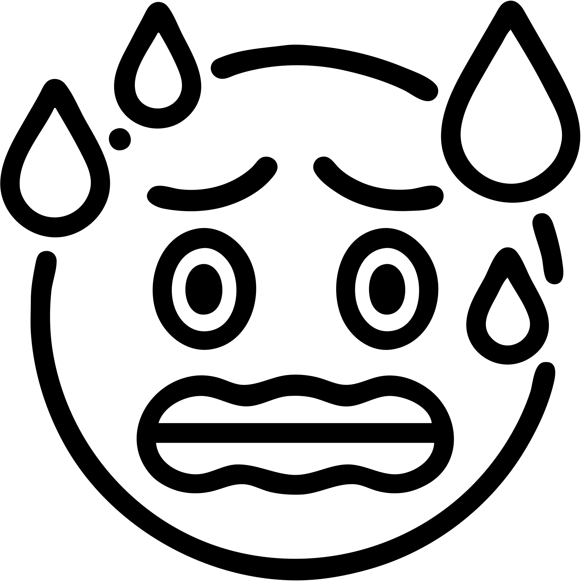 Make the smiley emoji look even more anxious by adding more sweat drops, trembling mouth, wide, worried eyes, and more furrowed brows. Keep icon style, outlined, subtle shading, no background. emoji