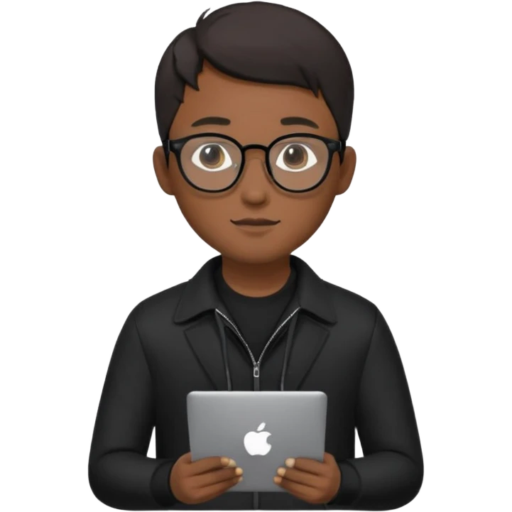a asia man guy his 20s wearing an apple notebook, wearing bodyguard radio operator, round glasses, blackclothes emoji