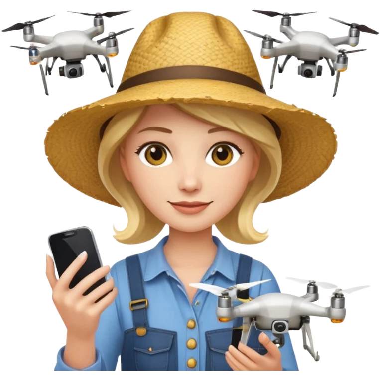 female farmer holding a smartphone with a drone flying in the background, emoji style emoji