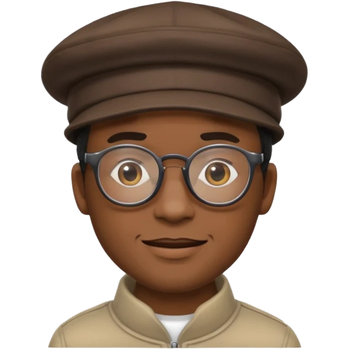 black man with glasses, wearing a hat, friendly expression, inspired by the main character from the movie Soul, emoji style emoji