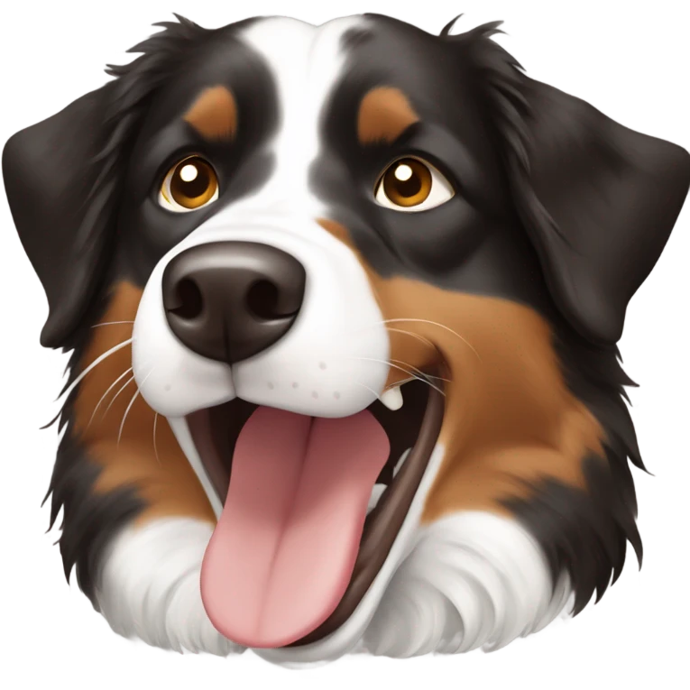 Black and brown and white Australian shepherd with open mouth emoji