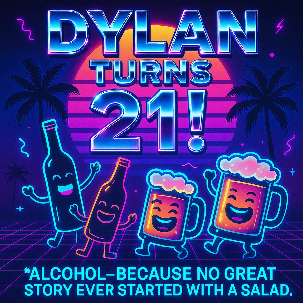 Completely change the style to vaporwave: neon colors, retro 80s grid, palm trees, synthwave sunset, chrome text, and keep the funny drink quote. Make it look digital and bold. emoji