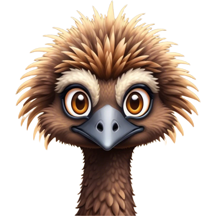 Cinematic Cute Emu Portrait Emoji, Head tilted playfully and inquisitively, featuring a glossy, textured brown plumage with a perky head and round, sparkling eyes full of curious wonder, Simplified yet irresistibly adorable features, highly detailed, glowing with a warm, friendly glow, high shine, affectionate and lively, stylized with a touch of outback whimsy, bright and endearing, soft glowing outline, capturing the essence of a mischievous yet loving emu, so playful it feels like it could gallop out of the screen into your arms! emoji