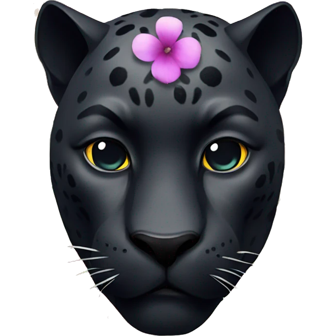 A black panther's head, a brightly colored flower emoji
